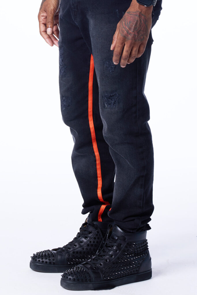 REVENUE DENIM BLACK w ORANGE STRIPE